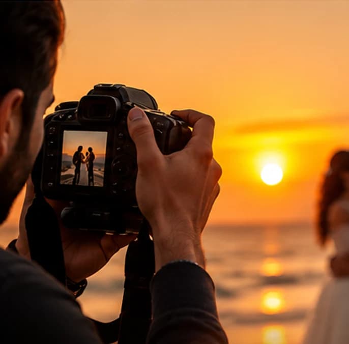 Photographer capturing a wedding couple during sunset