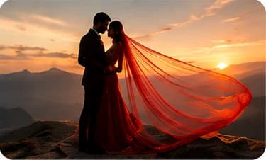 Couple framed by a flowing red wedding veil at sunset